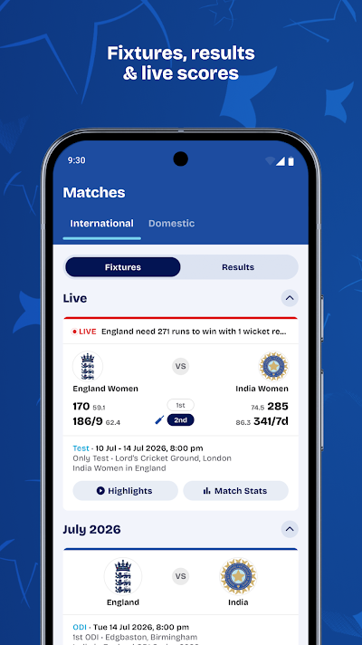 BCCI app fixtures and results screen