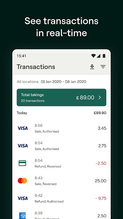 Dojo for Business app real-time transactions screen