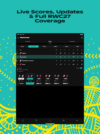 Rugby World Cup app live scores screen
